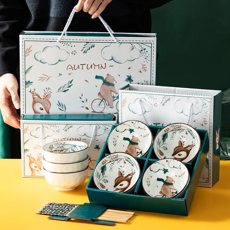 Combinaison de Dîner Bol en Porcelaine et Baguettes en Bois Illustration d'Animaux de la Forêt de Dessins Animés Vaisselle en Céramique pour la Maison Cadeau