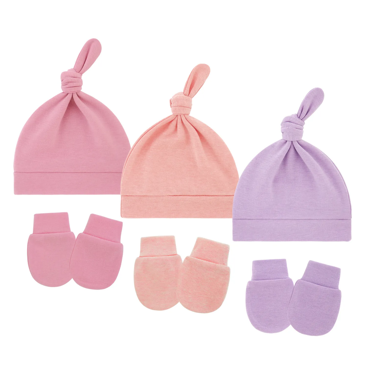 Conjunto de Gorro con Nudo para Bebé de Algodón y Guantes Antiarañazos Gorro de Punto Transpirable para Accesorios de Recién Nacido