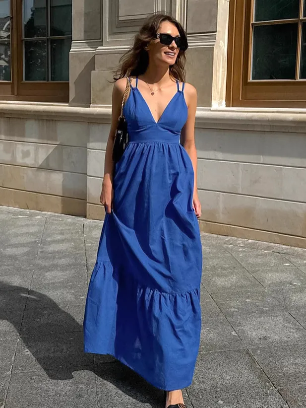 Women Sexy Blue V-Neck Spaghetti Strap Dress Summer Casual Loose Cotton A-Line Maxi Dress Splicing Sleeveless Backless Dress