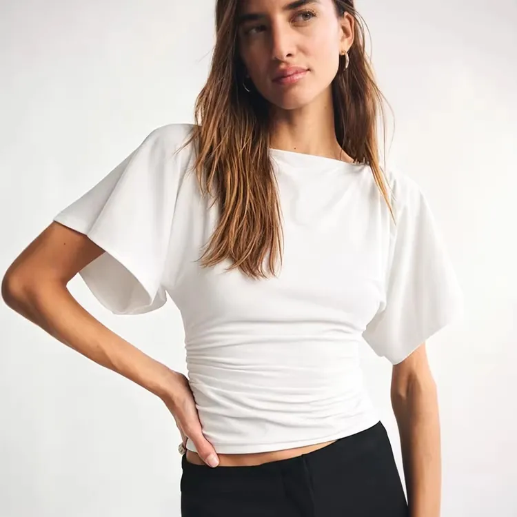Women Batwing Sleeve Ruched Crop Top T-Shirt Modal Viscose Casual Short Sleeve Slim Fit Round Neck Summer Top