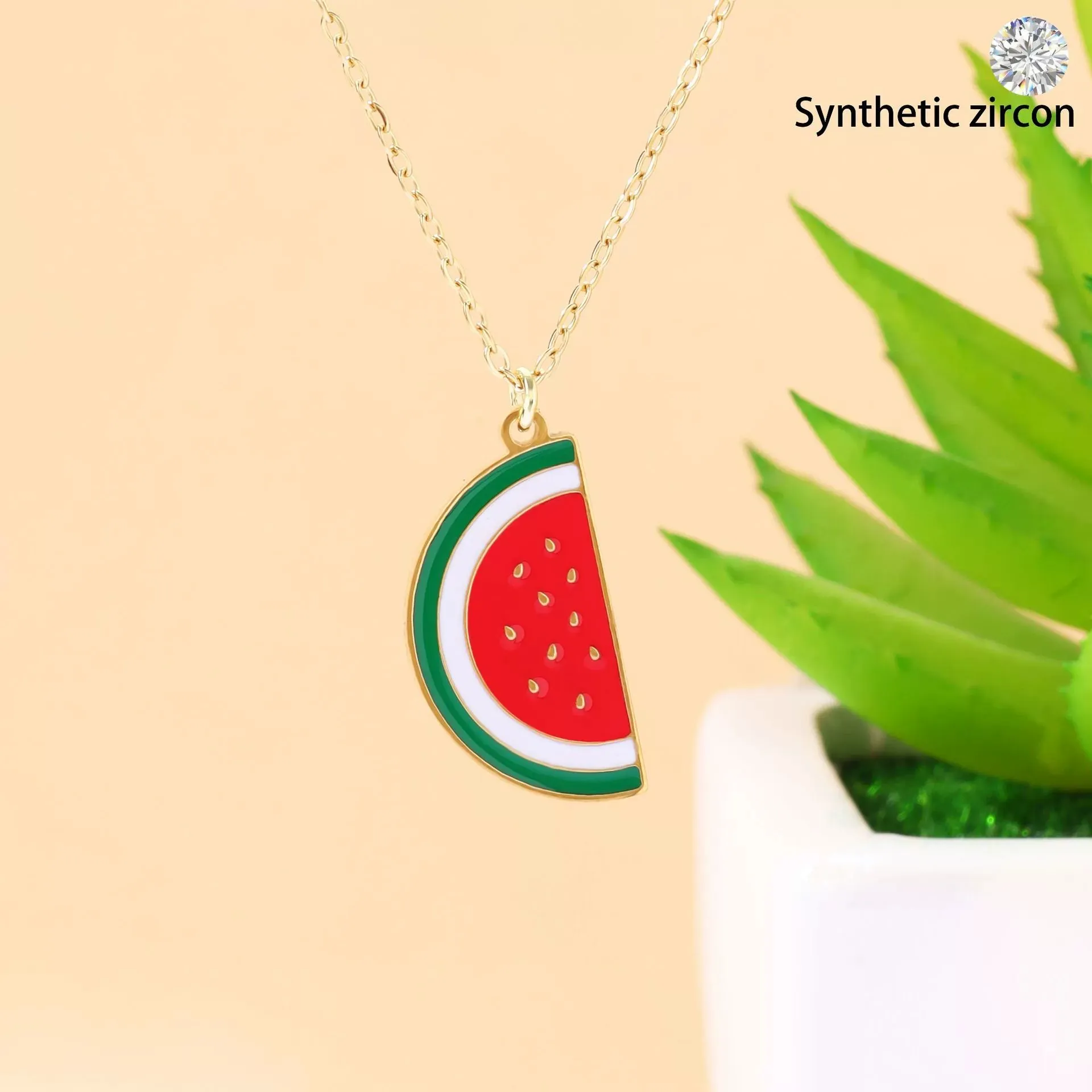 Cute Summer Watermelon Cherry Pendant Necklace Gold Plated Copper Rhinestone Fruit Choker For Women Girls Fashion Jewelry Gift