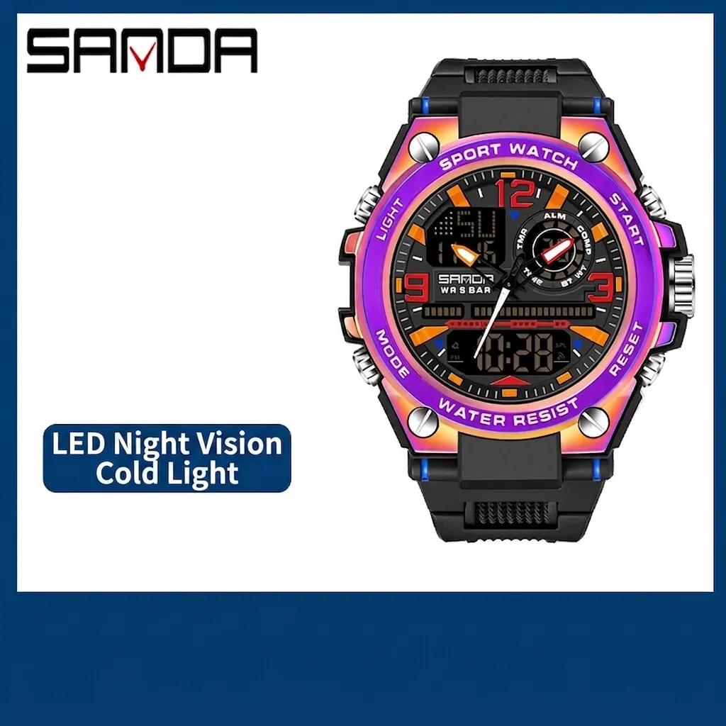 SANDA 6024 Iridescent Sports Watch For Men Women Waterproof Dual Display LED Backlight TPU Strap Fashion Outdoor Digital Watch