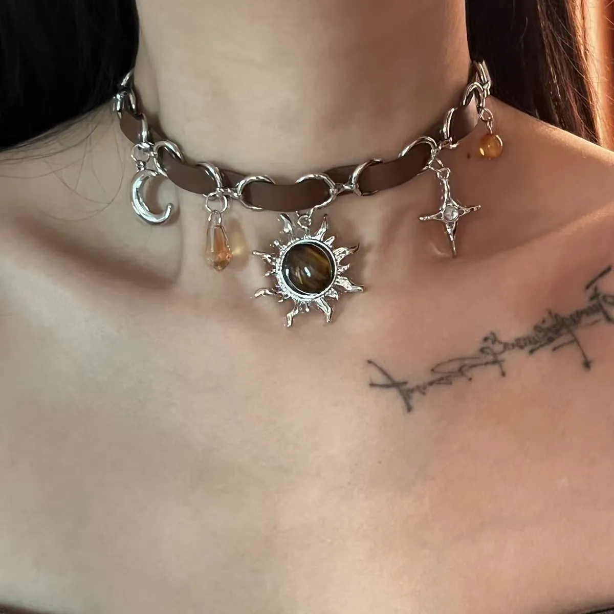 Vintage Y2K Sun Star Moon Pendant Choker Necklace Brown Leather Alloy Rhinestone Hip Hop Sweet Cool Jewelry For Women
