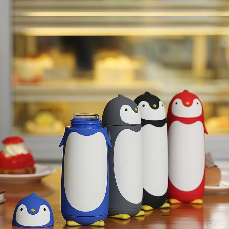 Creative Penguin Shaped Double Walled Glass Bottle With Silicone Sleeve Cartoon Animal Glass Cup For Students Gift