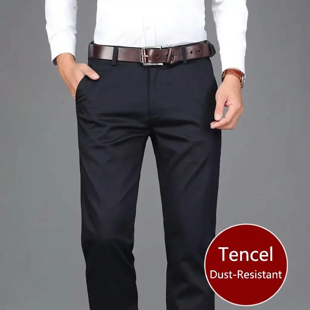 Pantaloni da Uomo in Misto Lyocell di Alta Gamma Business Casual Gamba Dritta Vita Alta Senza Stiro per Uomo di Mezza Età Primavera Estate
