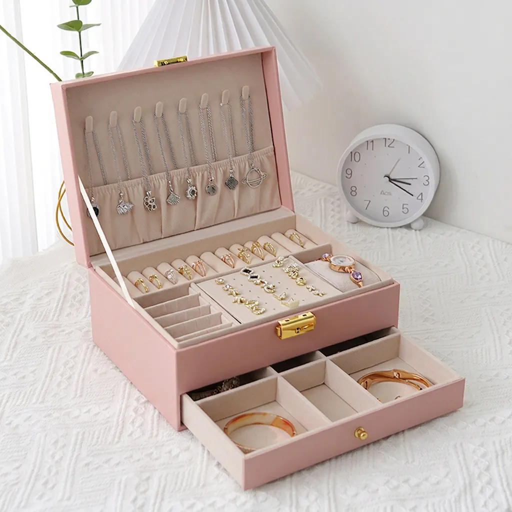 Double Layer Jewelry Box PU Leather Drawer Lockable Storage Organizer For Earring Ring Necklace Bracelet