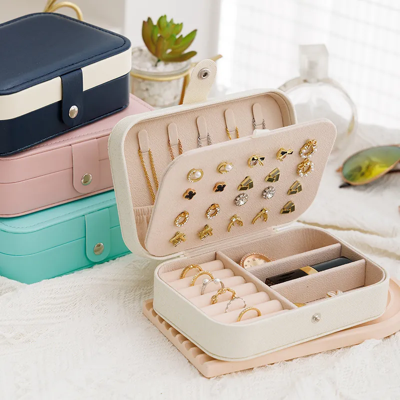 Portable PU Leather Double Layer Jewelry Organizer Box For Earrings Rings Necklaces Travel Jewellery Storage Case For Women