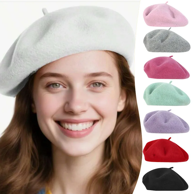 Basco in Lana Vintage da Donna Tinta Unita Caldo Cappello da Pittore Autunno Inverno Moda Traspirante Morbido Accessorio