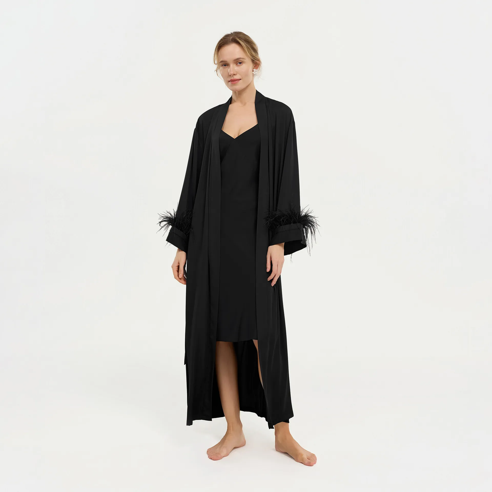 Luxurious Women Satin Robe Feather Cuffs Long Sleeve V-Neck Nightgown With Belt For Bride Wedding Party Home Sleepwear