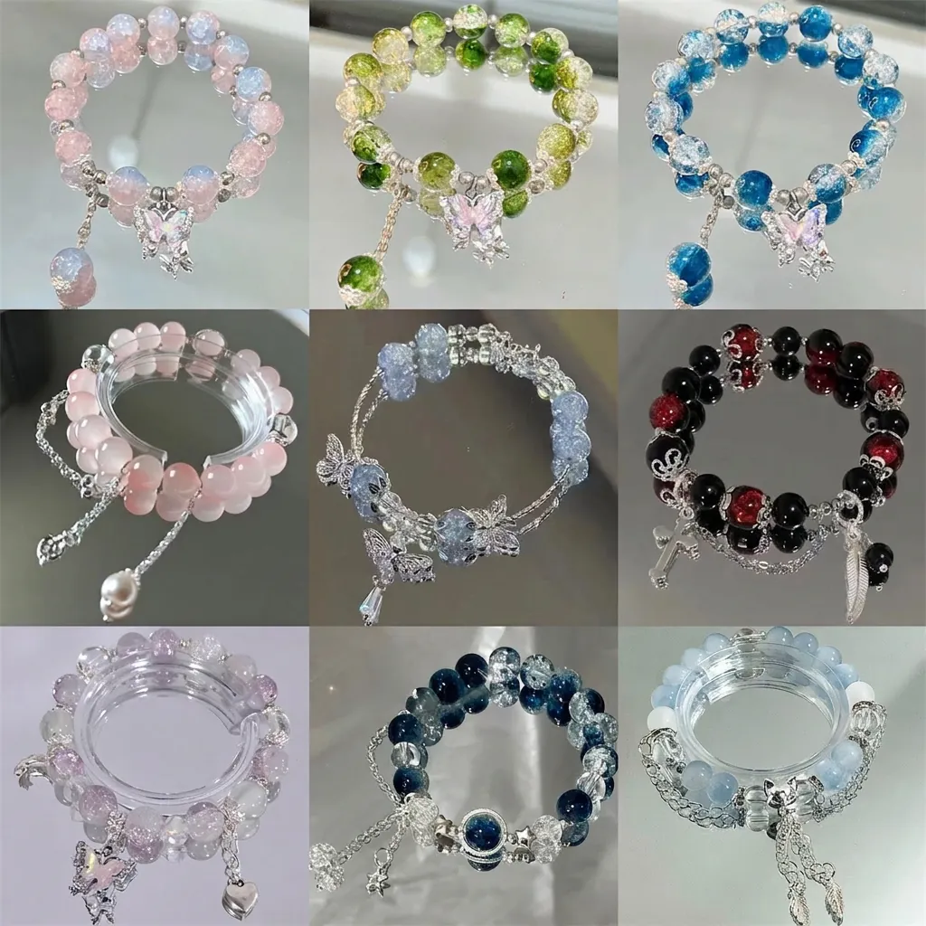 Handmade Beaded Bracelet For Women Chinese Style Crystal Crackle Bead Elastic Bracelet With Butterfly Star Pendant Fashion Jewelry Gift