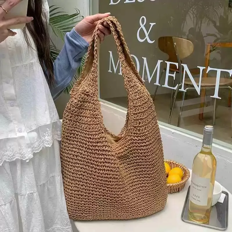 Damen Strohgewebt Tote Bag Mit Großer Kapazität Urlaub Strand Handgewebte Umhängetasche Sommer Bohemian Strohhandtasche