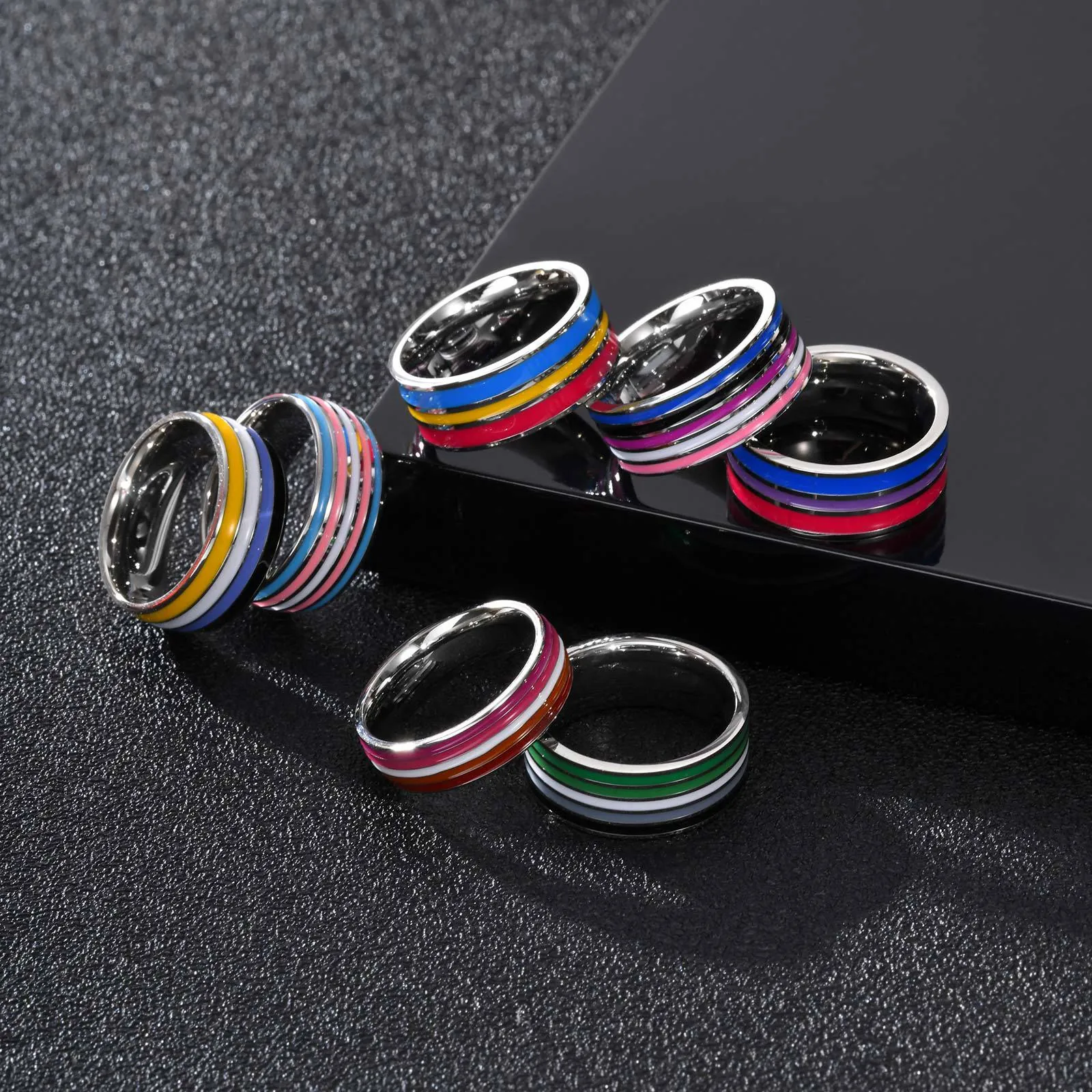Creative Stainless Steel Pride Flag Striped Ring Colorful Enamel Band Ring For Men Women Fashion Pride Jewelry Gift