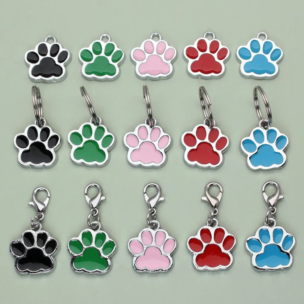 Alloy Cute Paw Print Pet ID Tag Engravable Identity Plate Colorful Drip Oil Pendant For Dogs Cats DIY Keychains Accessory Jewelry