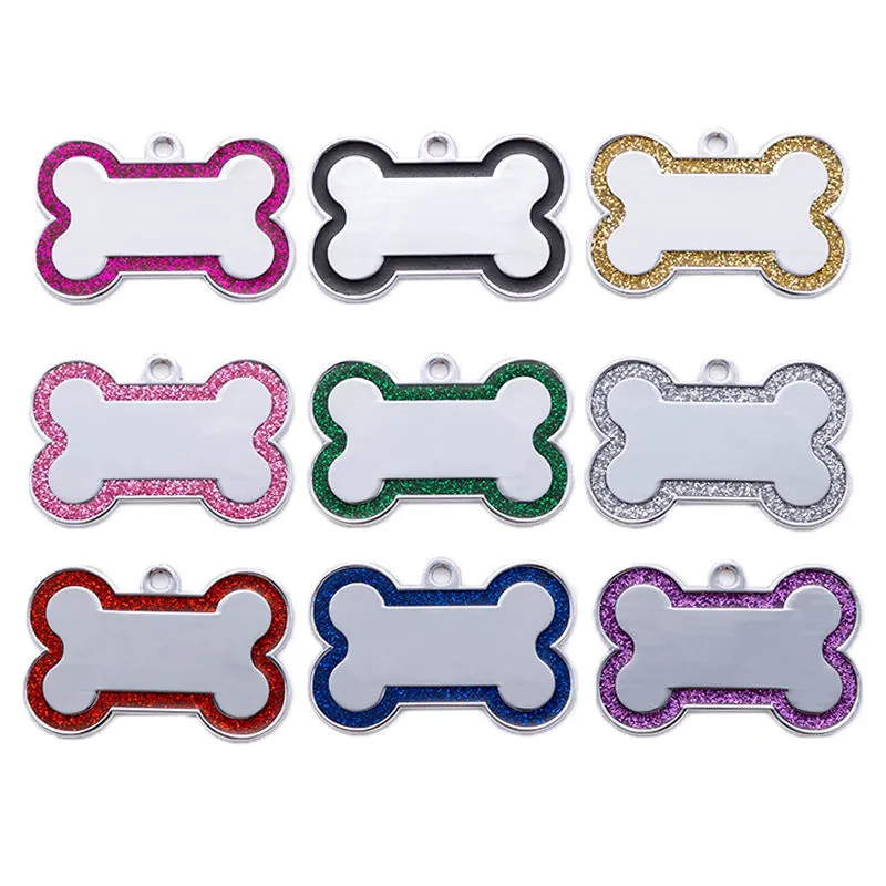 Bone Shaped Pet ID Tags Stainless Steel Glitter Edge Personalized Dog Cat Identification Name Plate Collar Accessory