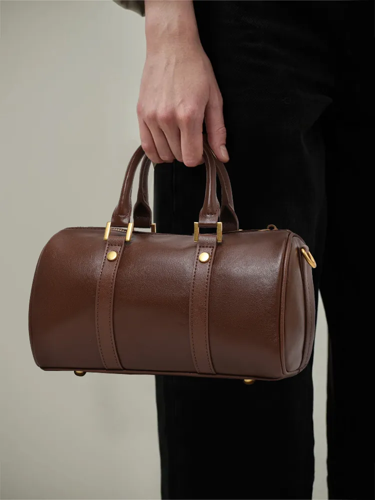 Vintage Genuine Leather Boston Crossbody Bag For Women Korean Style Cowhide Pillow Handbag Fashion Shoulder Bag Elegant Commuting Bag