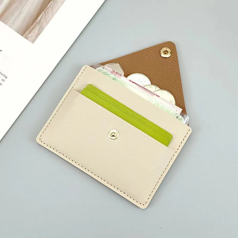 Women Slim PU Leather Card Holder Envelope Coin Purse Fashion Credit Card ID Holder Wallet With Metal Snap Button Solid Color Thin Pocket Organizer
