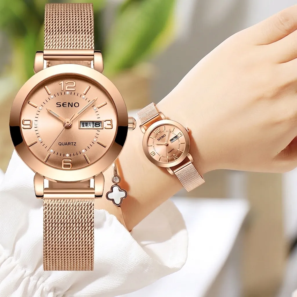 Elegant Women Quartz Watch Luminous Waterproof Double Calendar Dial Rose Gold Stainless Steel Mesh Band Fashion Ladies Wristwatch