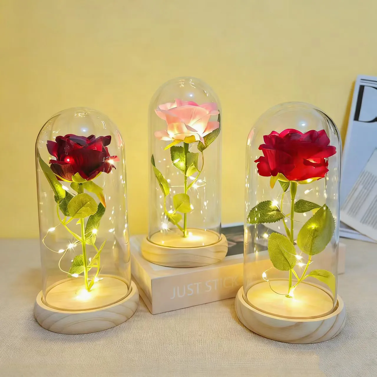 Eternal Rose In Glass Dome With LED String Lights For Valentine's Day Gift Romantic Preserved Flower Wood Base Night Light Decoration
