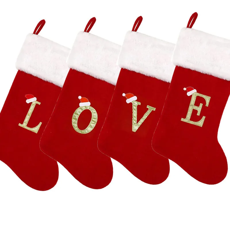 Large Christmas Stocking With Gold Embroidered Letter Red White Plush Xmas Stocking For Fireplace Hanging Holiday Party Decoration