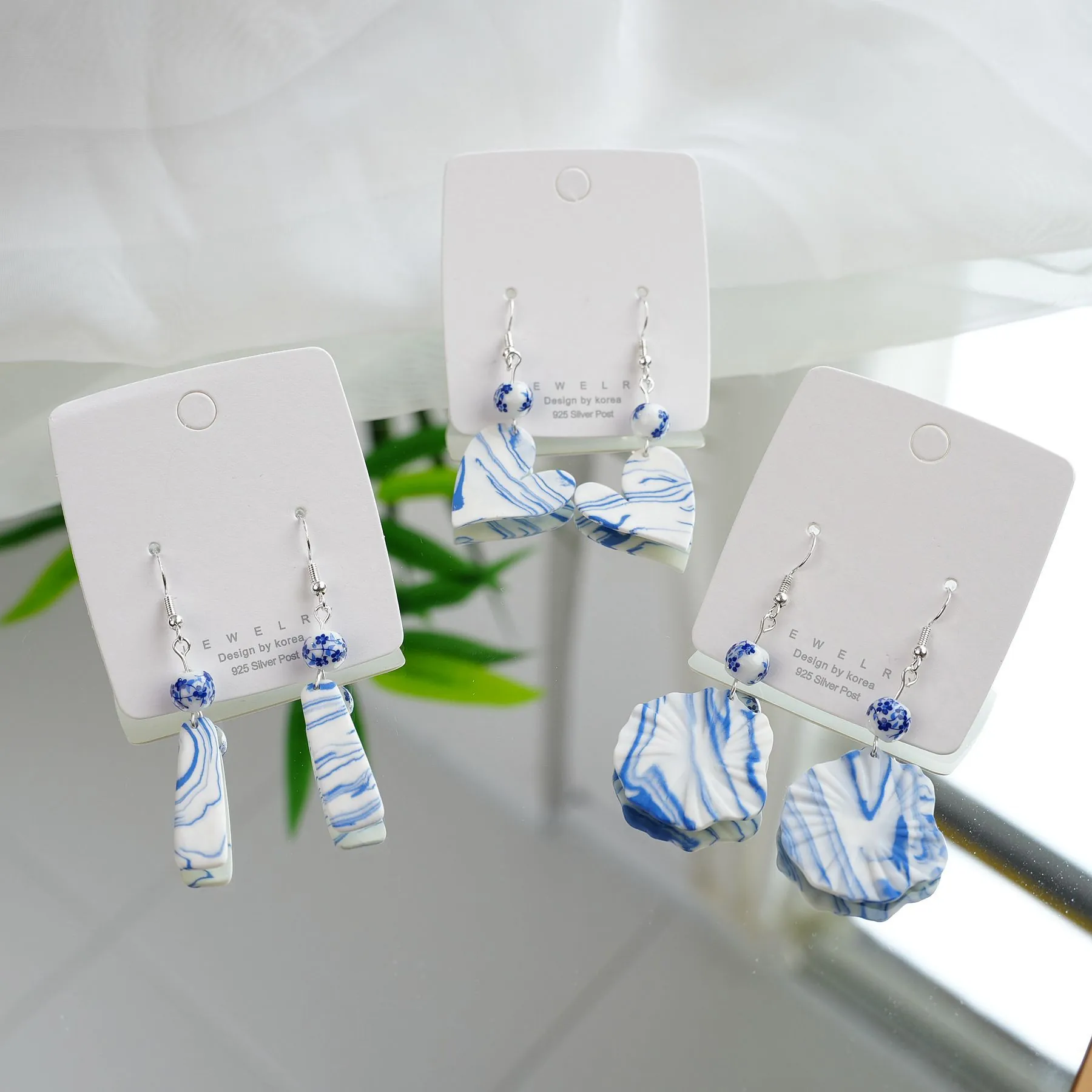 New Chinese Style Blue And White Ceramic Earrings With 925 Sterling Silver Post Vintage Handmade Geometric Drop Earrings