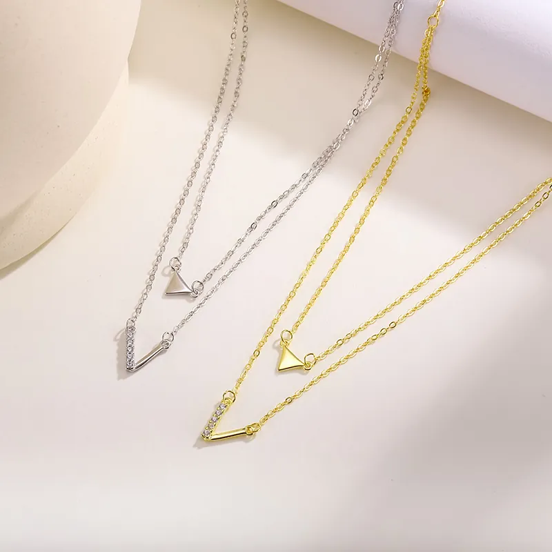 925 Sterling Silver Double Layer V-Shaped Triangle Pendant Necklace For Women Zirconia Inlaid Clavicle Chain Jewelry