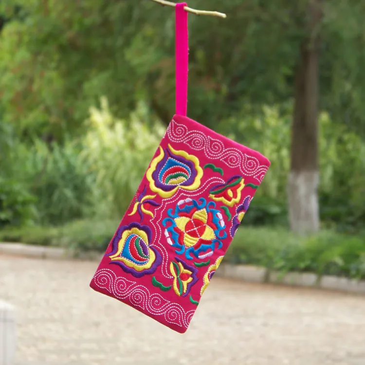 Ethnic Style Floral Embroidered Canvas Coin Purse Vintage Computer Embroidery Zipper Wallet For Women Handheld Travel Pouch