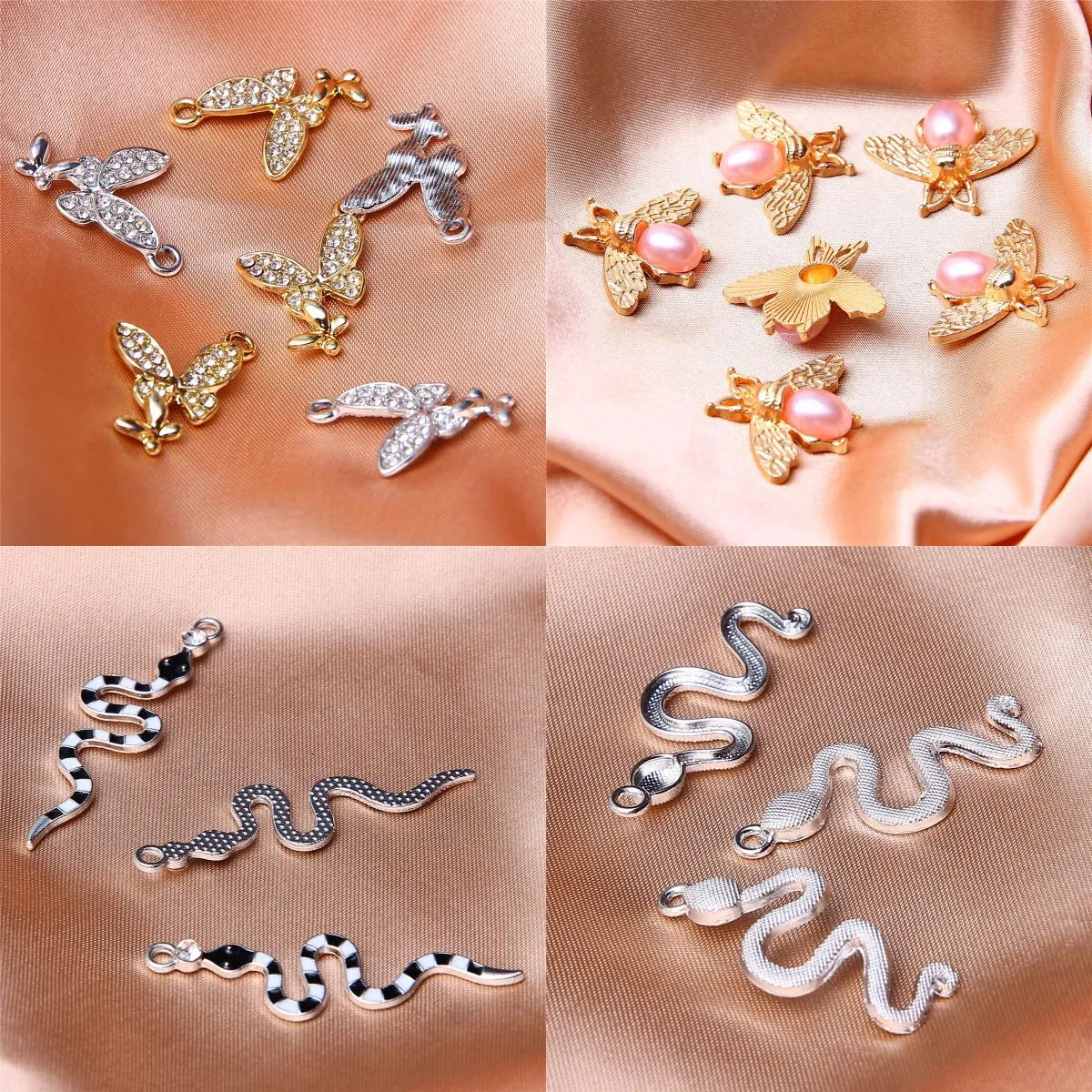 Stainless Steel Alloy Animal Pendants Snake Butterfly Bee Rhinestone Artificial Pearl Enamel Charms For DIY Jewelry Making