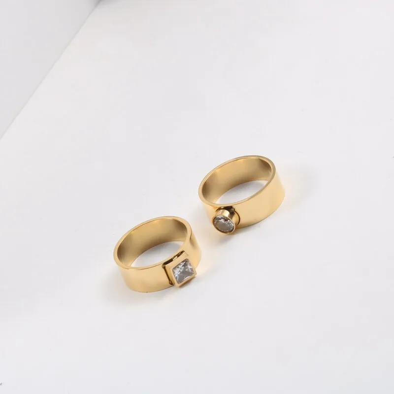 Simple 18K Gold Plated Titanium Steel Ring For Women Geometric Square Round Zirconia Inlaid Minimalist Fashion Finger Jewelry