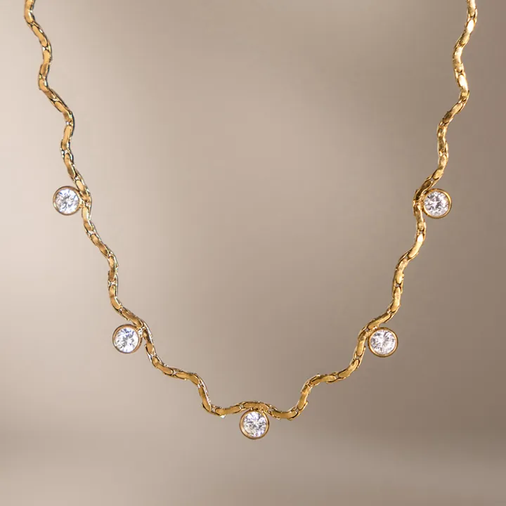 Roestvrij Stalen Golvende Zirconia Halsketting Bij Hanger Strass Oorbellen Set Verguld Mode Sieraden Voor Dames Cadeau