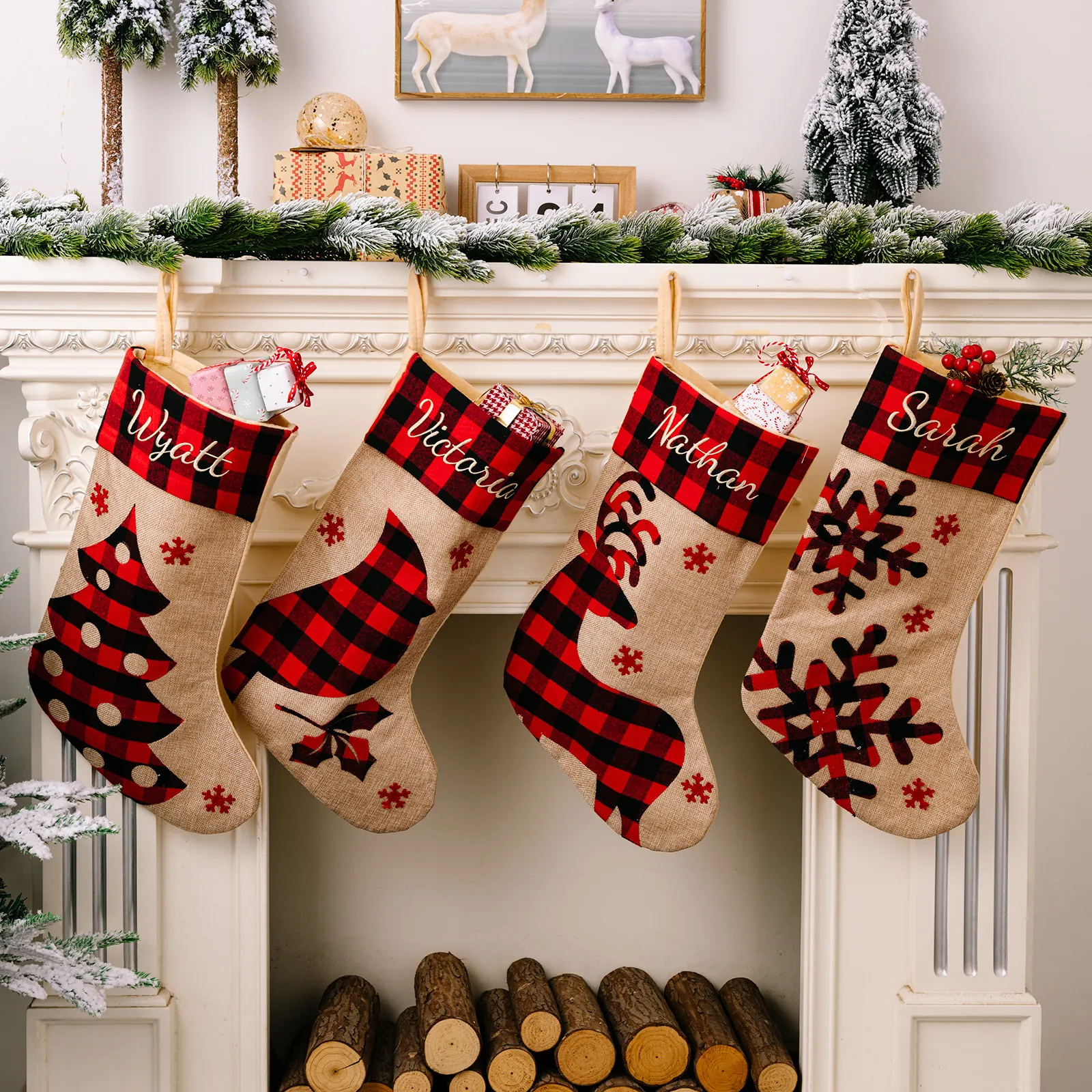 Large Christmas Stockings Red Black Buffalo Plaid Burlap Fabric Xmas Gift Bag For Fireplace Hanging Decoration Holiday Party Ornament