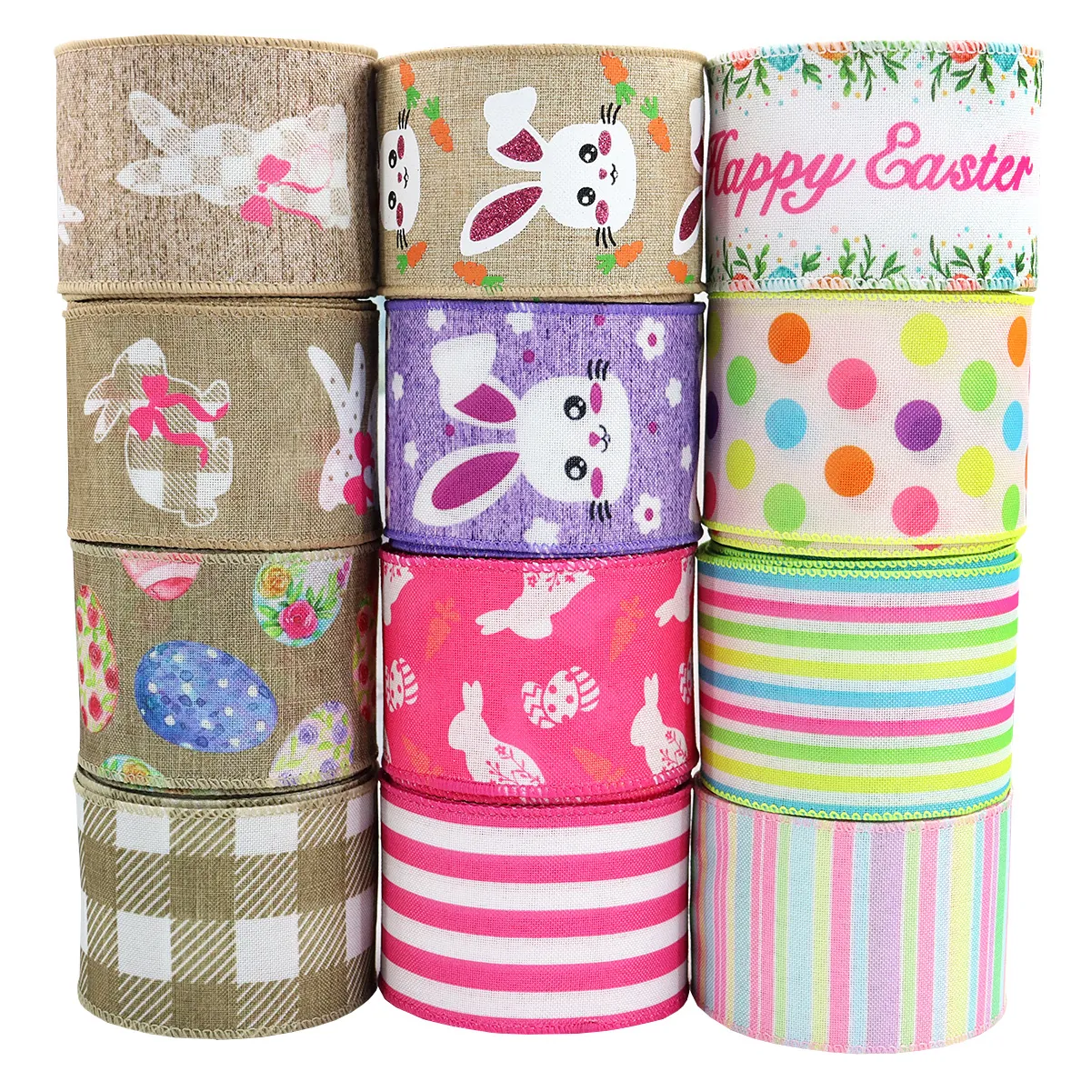 Easter Wired Edge Ribbon Polyester Rabbit Easter Egg Printed Ribbons For DIY Bow Making Gift Wrapping Party Decor