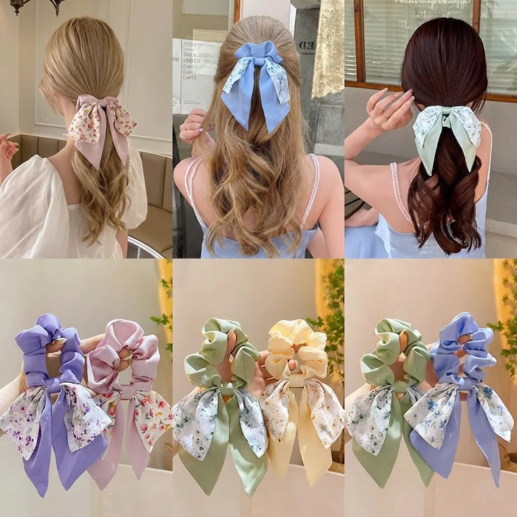 Chouchou à Nœud Floral Style Forêt Avec Long Ruban Pour Femmes Élégant Élastique à Cheveux en Tissu Motif Floral Accessoires Cheveux