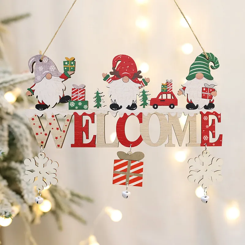 Christmas Wood Welcome Sign Hanging Ornament Santa Claus Snowman Gnome Pattern Festive Door Decoration Home Xmas Party