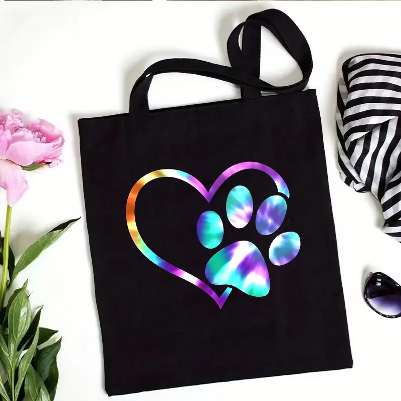 Rainbow Paw Print Heart Pattern Black Canvas Tote Bag For Women Eco Friendly Reusable Shoulder Shopping Bag Fashion Daily Travel Handbag