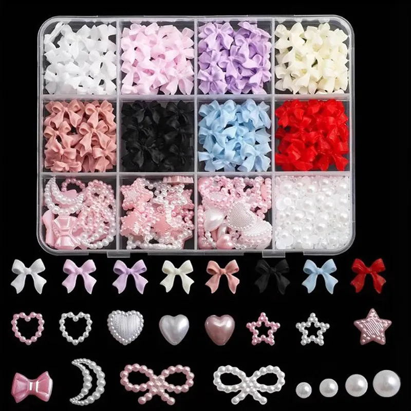 12 Grids Colorful Nail Art Decoration Set Mixed Resin Bowknot Heart Floral Artificial Pearl Charms DIY Manicure Accessories