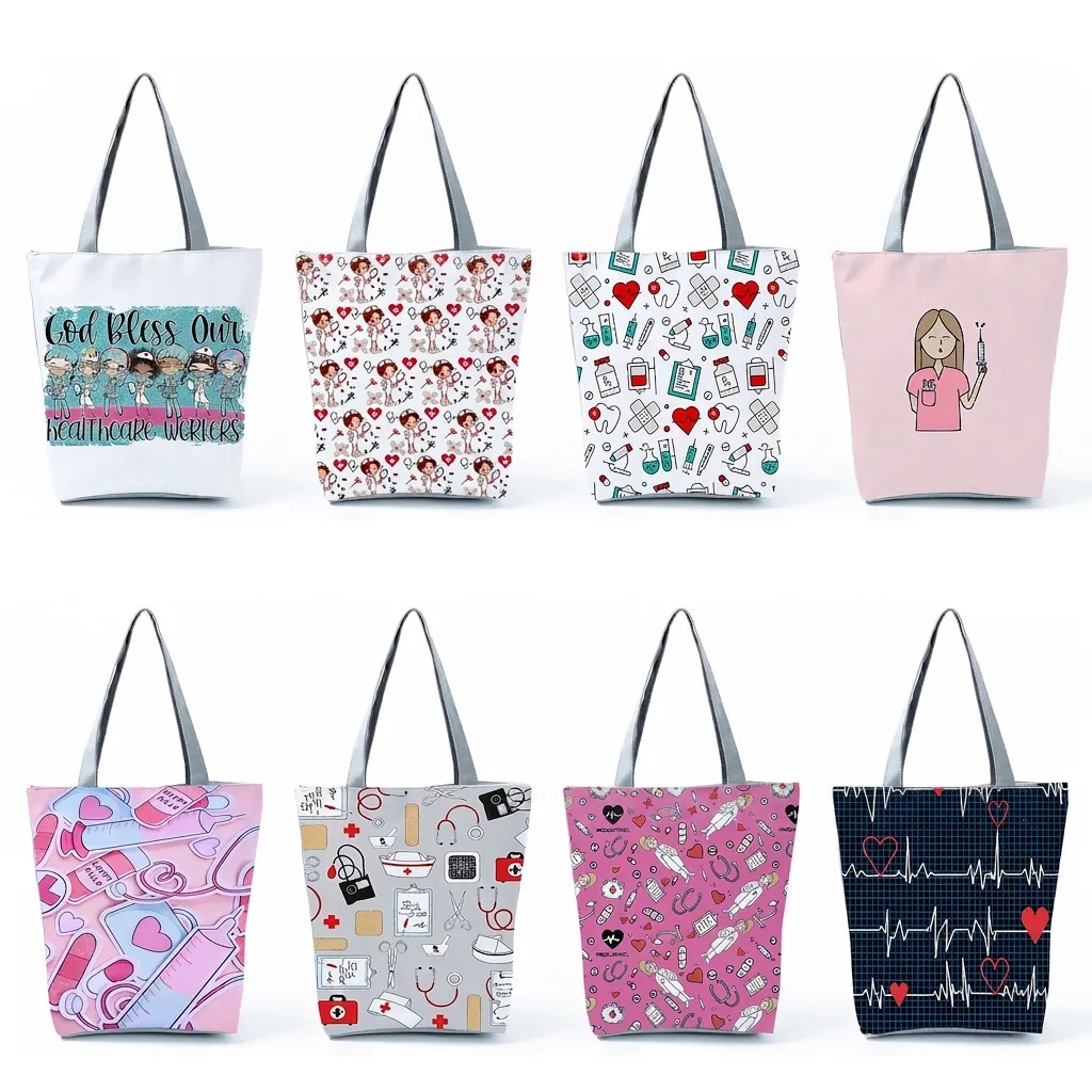 Nurse Printed Tote Bag Women Large Capacity Shoulder Bag Polyester Shopping Beach Bag Medical Cartoon Novelty Graphic Handbag