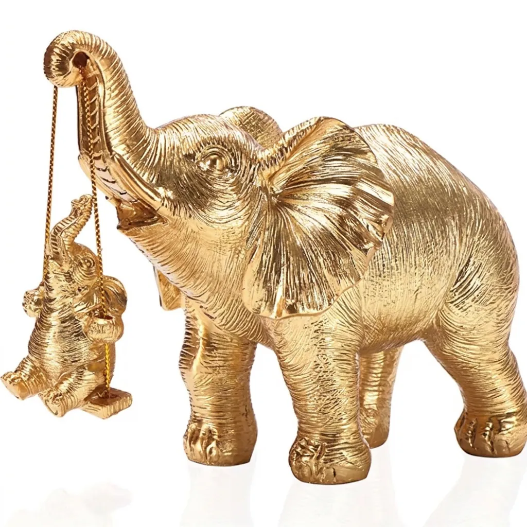 Statuetta in Resina Madre E Piccolo di Elefante Culla Oro Argento Metallico Decorazione Casa Scultura Animale Regalo