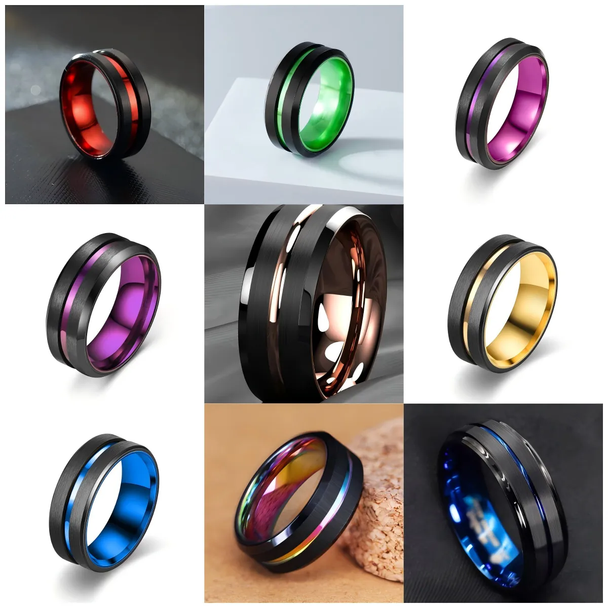 Stainless Steel Ring 6mm 8mm Black Brushed Surface Colorful Groove Inner Polished Industrial Style Band Ring Jewelry For Men Women