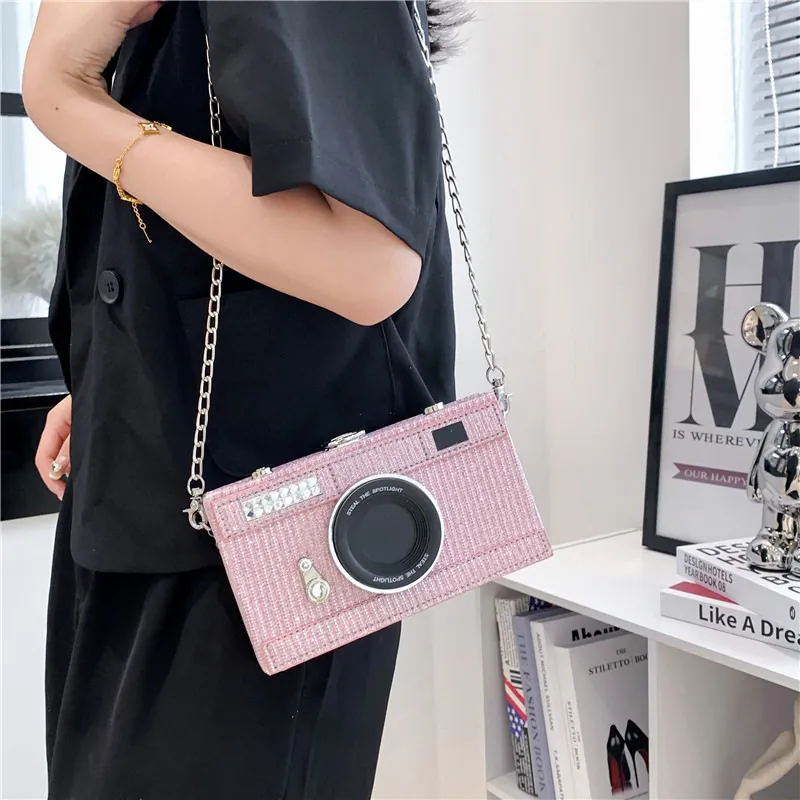 Korean Style Camera Shaped Box Bag For Women Fashion Glitter Sequin Small Square Shoulder Crossbody Bag With Metal Chain Strap