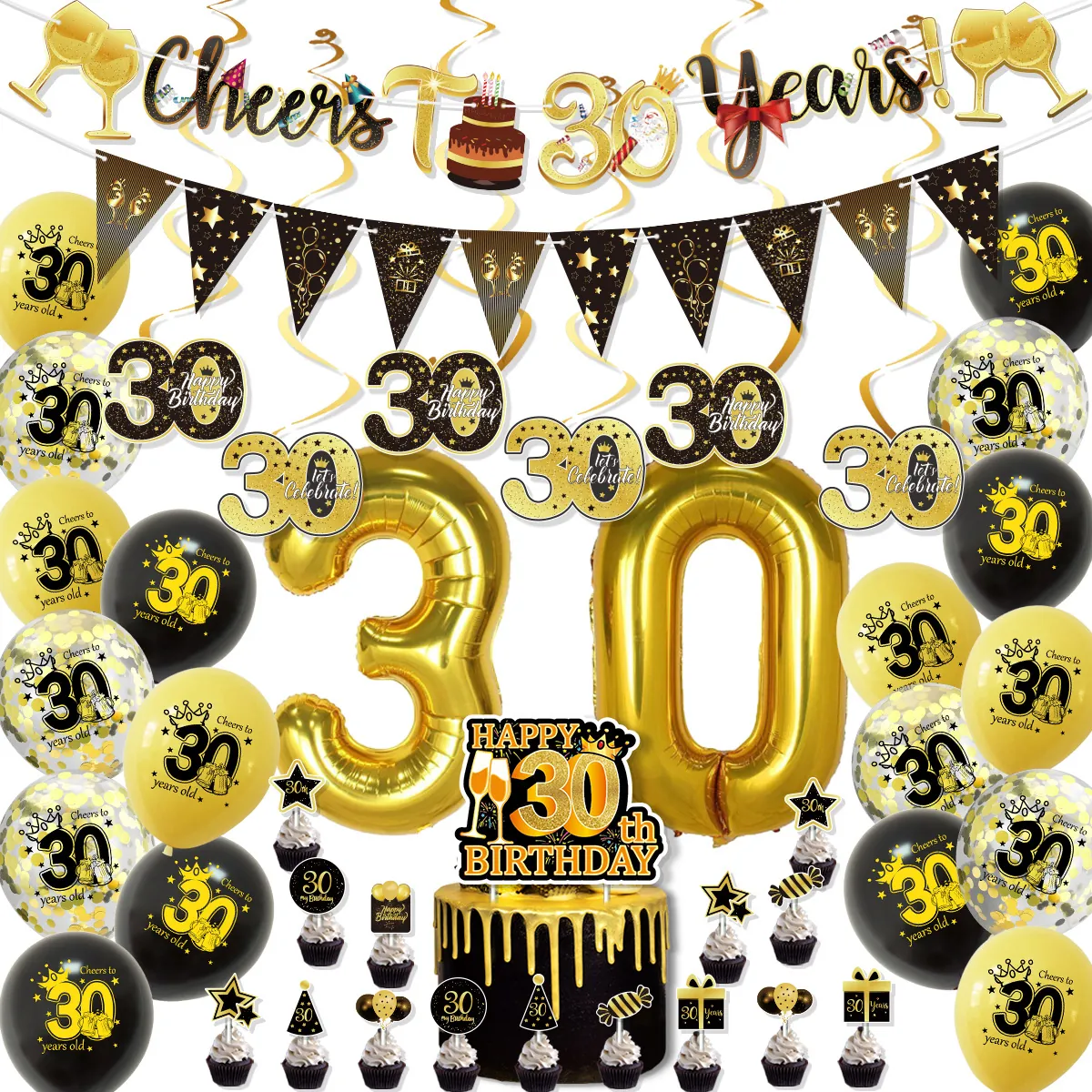 Black Gold Milestone Birthday Decoration Balloons Banner Cake Toppers Swirls Anniversary Cheers To 16 18 21 30 40 50 60 70 80 90 Years
