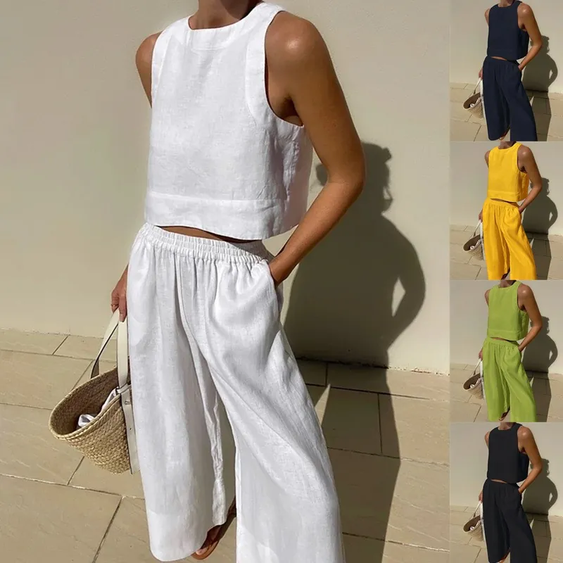 Women Plus Size Casual Polyester Tank Top And Wide Leg Pants Top And Bottom Set Sleeveless Solid Color Dip Dye Lounge Outfit