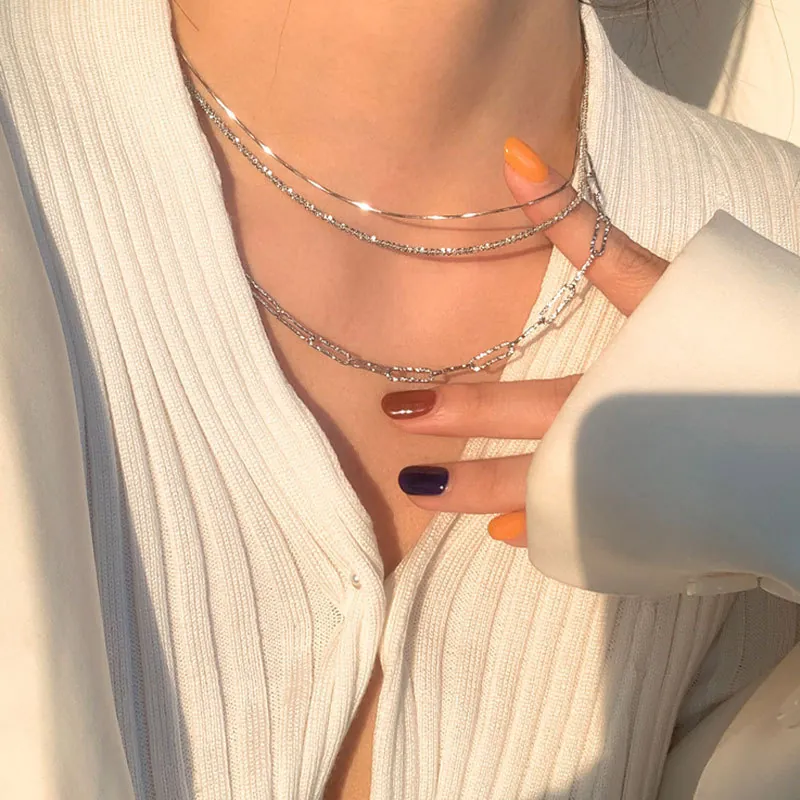 925 Sterling Silver Sparkling Starry Sky Necklace For Women Korean Style Light Luxury Rhinestone Snake Chain Fashion Jewelry