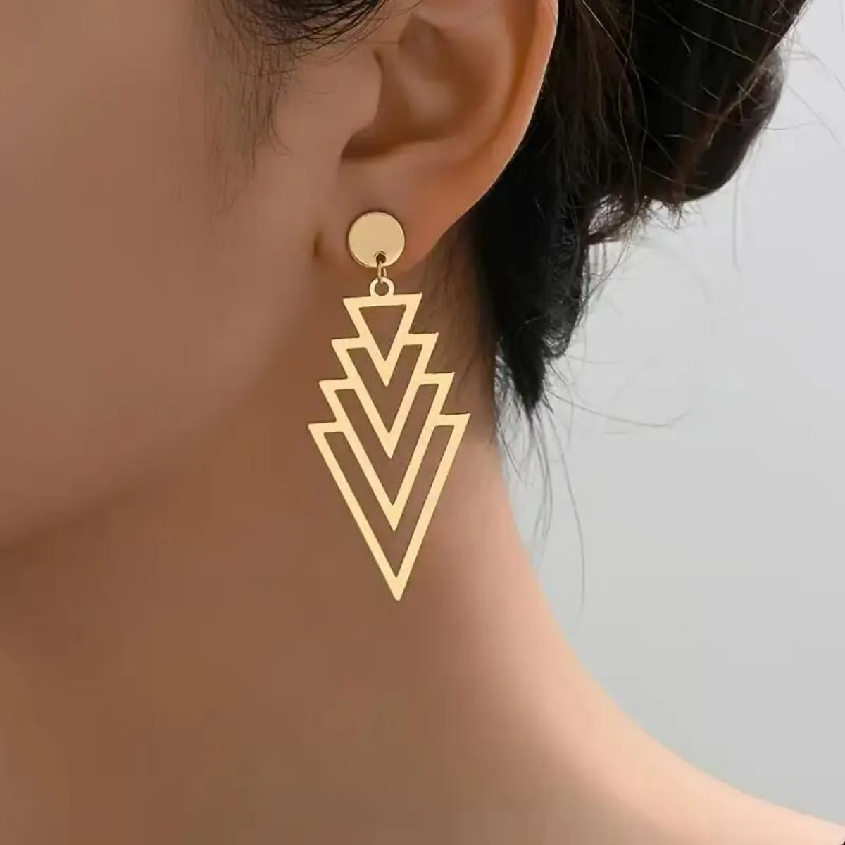 Geometric Nested Triangle Dangle Earrings For Women Iron Metal With Stainless Steel Earring Post Hollow Out Hoop Jewelry