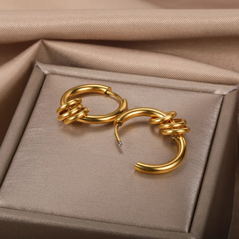 Retro 8K Gold Plated Stainless Steel Hoop Earrings For Women Light Luxury Geometric Multi Ring Round Earrings Fashion Jewelry