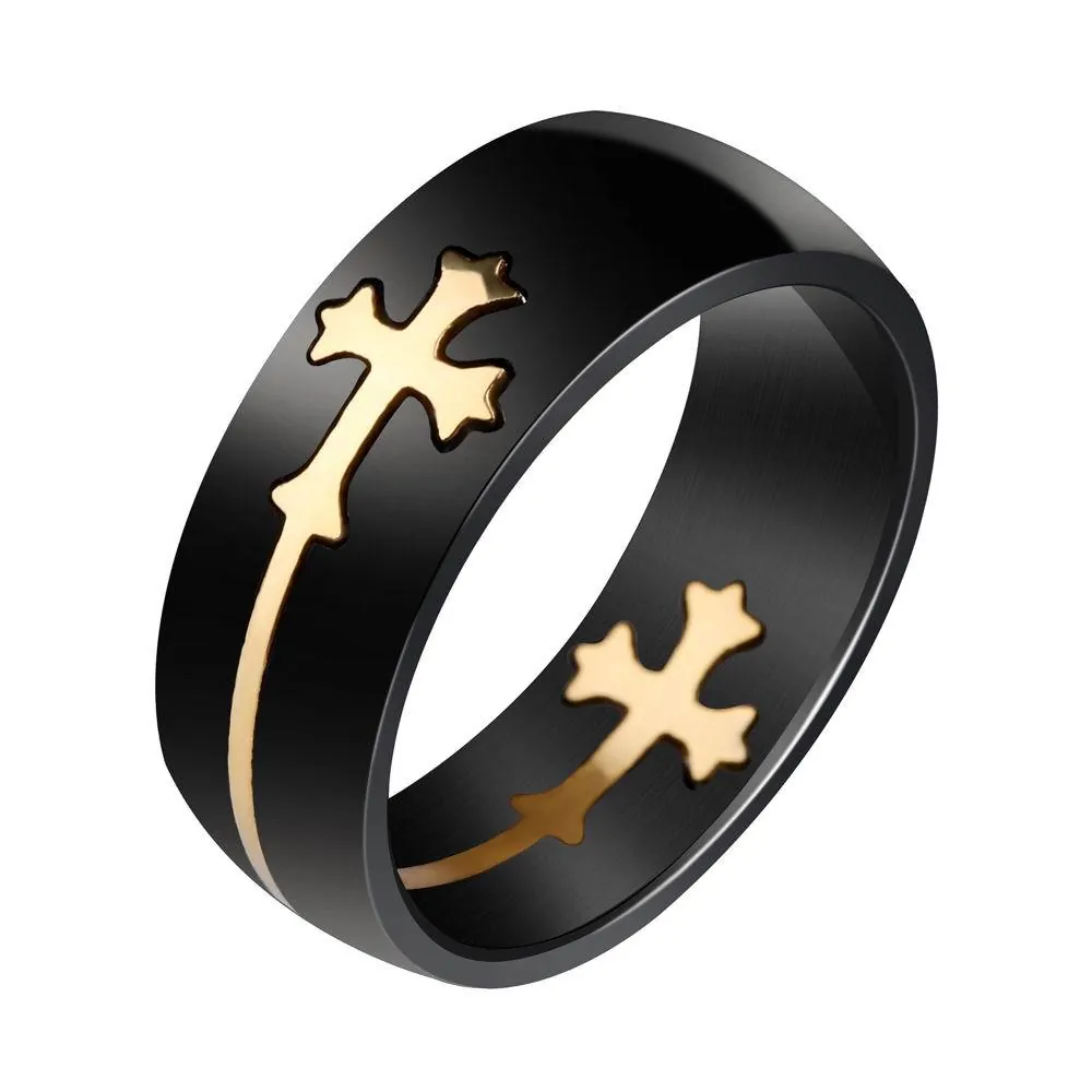 Men Stainless Steel Ring Black Matte Finish Detachable Gold Cross Inlay Jewelry For Men Daily Casual Finger Ring Accessory