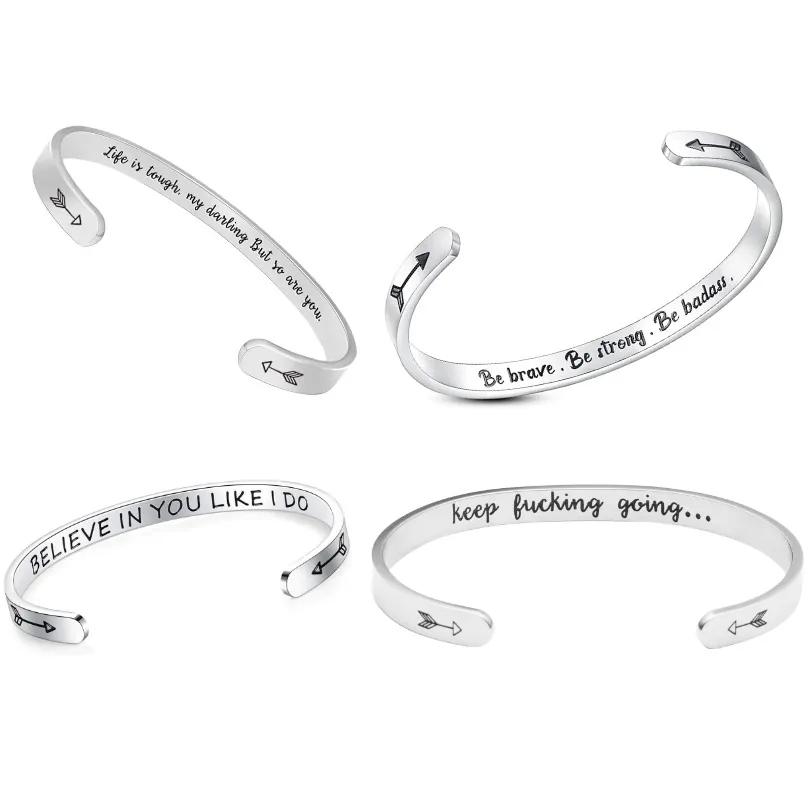 Minimalistischer Edelstahl Armreif Für Damen Offen C-Förmig Laser Graviert Inspirierende Zitate Pfeilmuster Modeschmuck