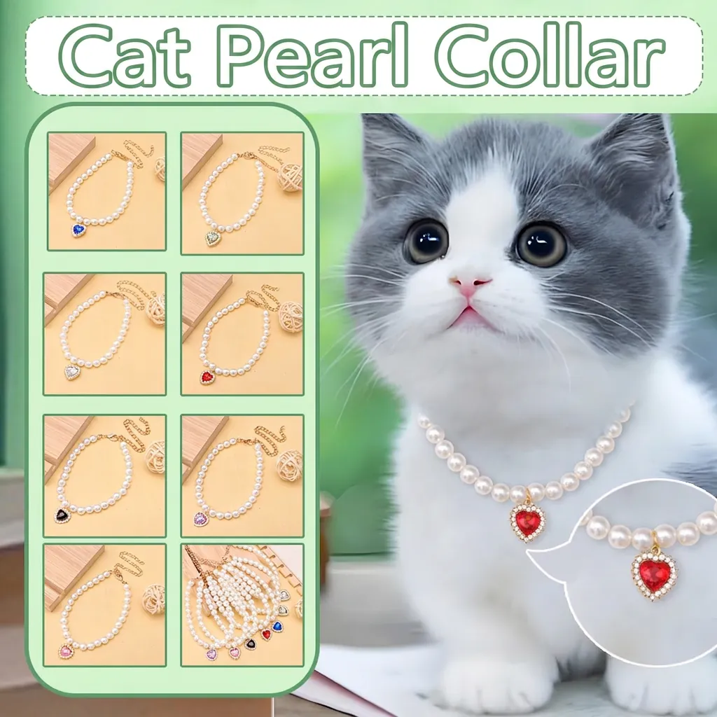Adjustable Pet Pearl Necklace For Cats Small Dogs With Heart Rhinestone Pendant Alloy Artificial Pearl Decorative Collar