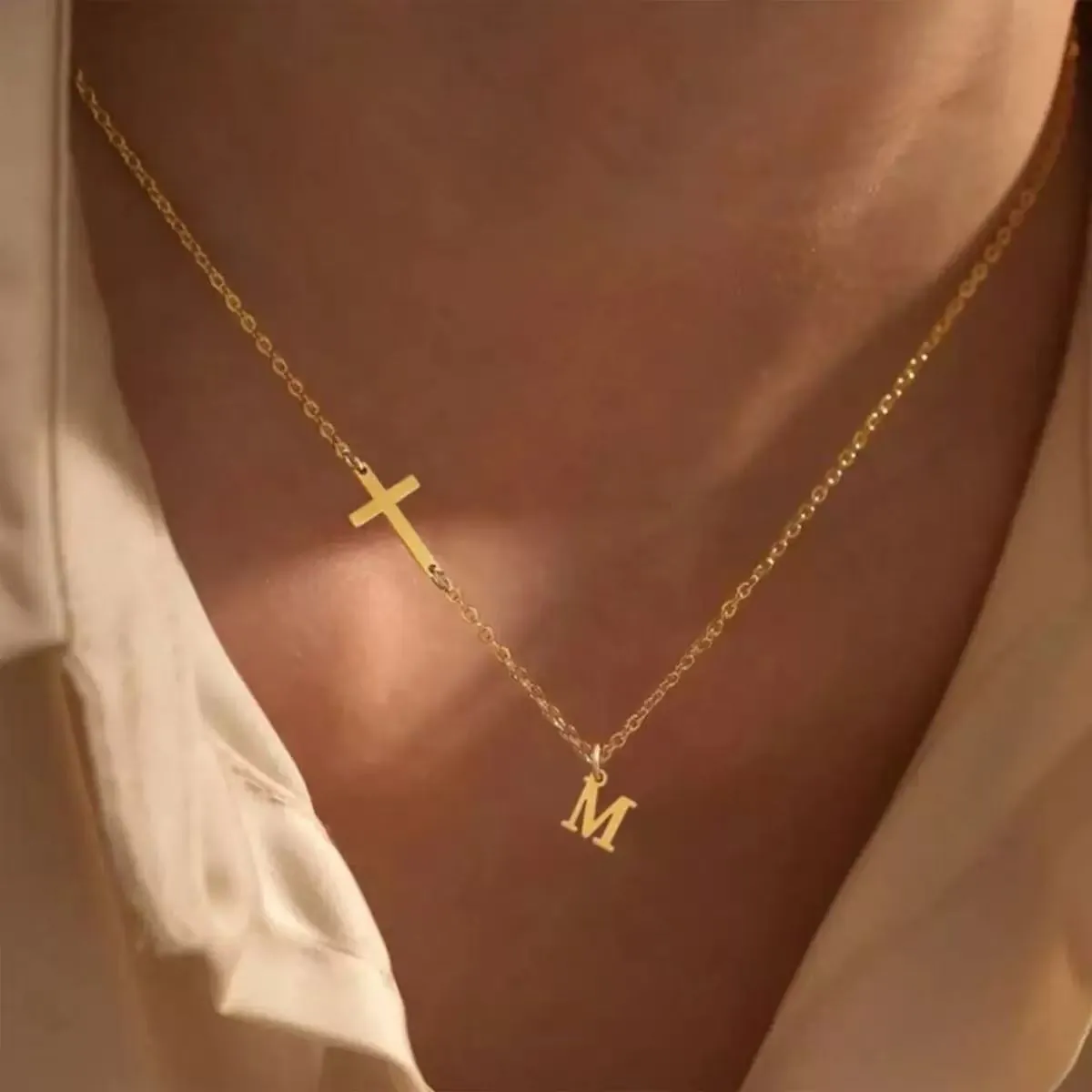 Stainless Steel Gold Plated Initial Letter Pendant Necklace With Side Cross Dainty Minimalist Choker For Women Fashion Jewelry Gift
