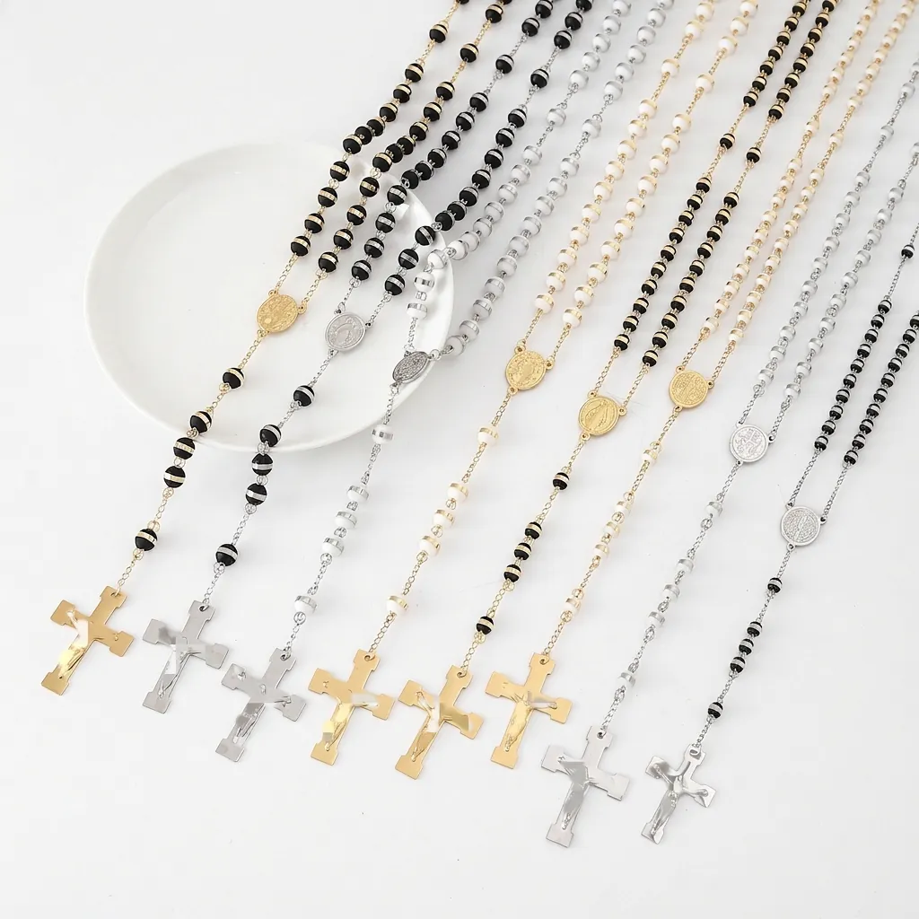 Stainless Steel Rosary Necklace For Men Women Catholic Religious Cross Pendant Saint Benedict Medal Bead Chain Jewelry