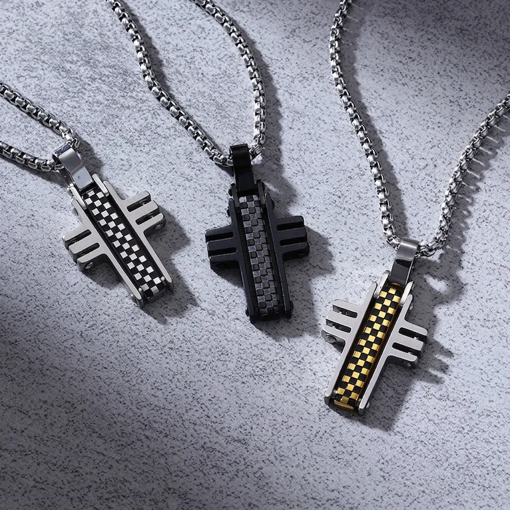 Stainless Steel Cross Pendant Necklace Men Industrial Minimalist Checkerboard Pattern Pendant For Daily Wear Jewelry Gift